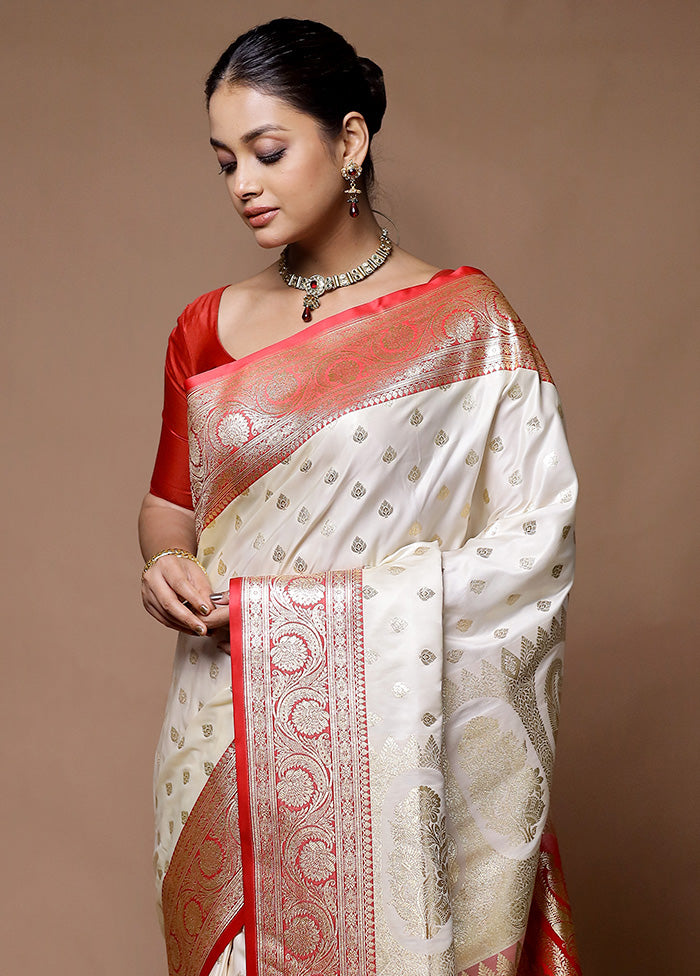 Cream Banarasi Silk Saree With Blouse Piece