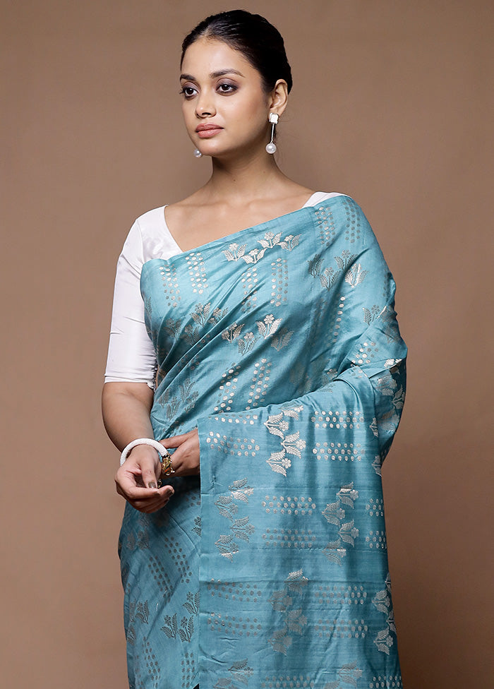 Blue Dupion Silk Saree With Blouse Piece