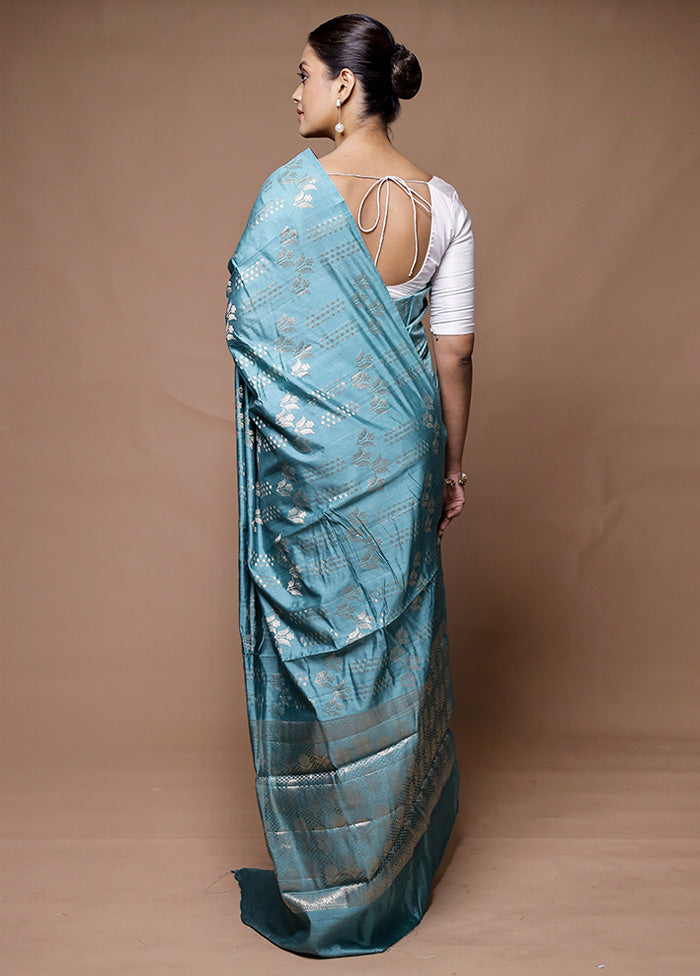 Blue Dupion Silk Saree With Blouse Piece