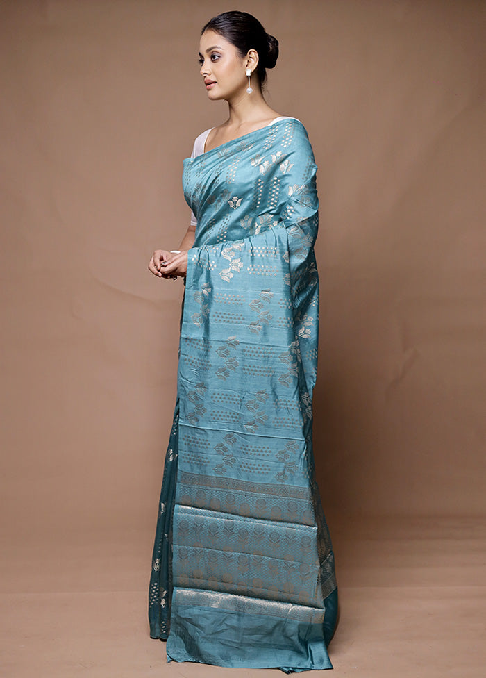 Blue Dupion Silk Saree With Blouse Piece