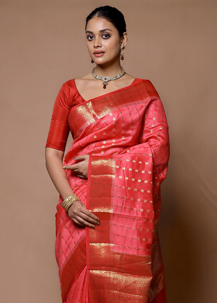 Red Handloom Dupion Pure Silk Saree With Blouse Piece