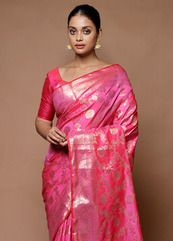 Pink Uppada Silk Saree With Blouse Piece