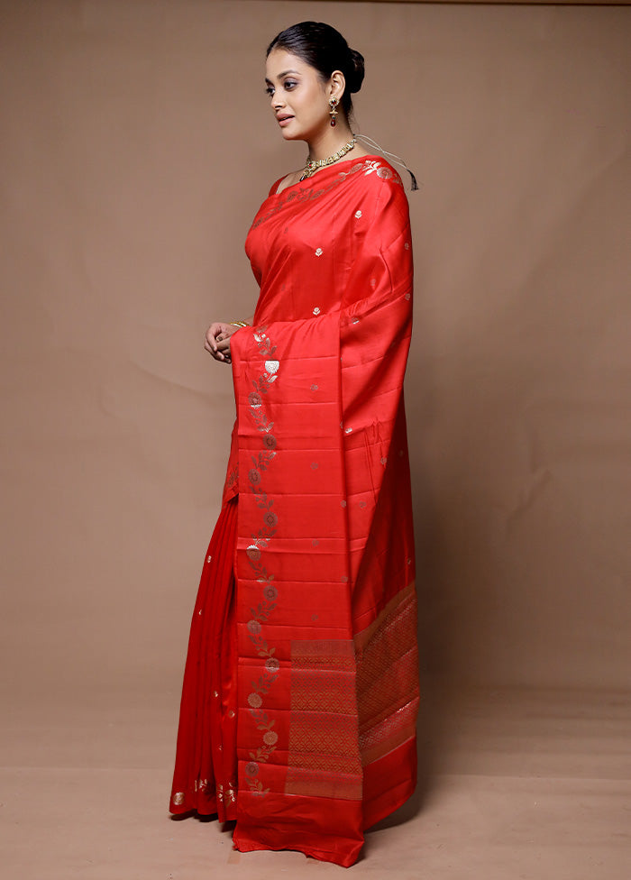 Red Handloom Dupion Pure Silk Saree With Blouse Piece