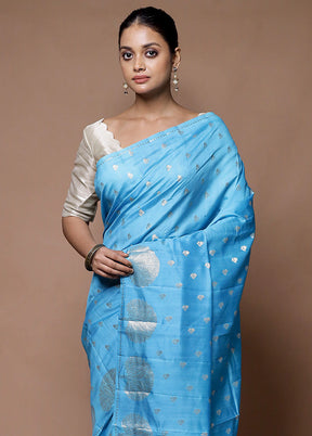 Blue Handloom Dupion Pure Silk Saree With Blouse Piece