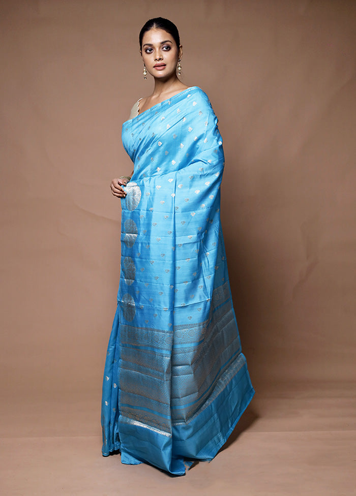 Blue Handloom Dupion Pure Silk Saree With Blouse Piece