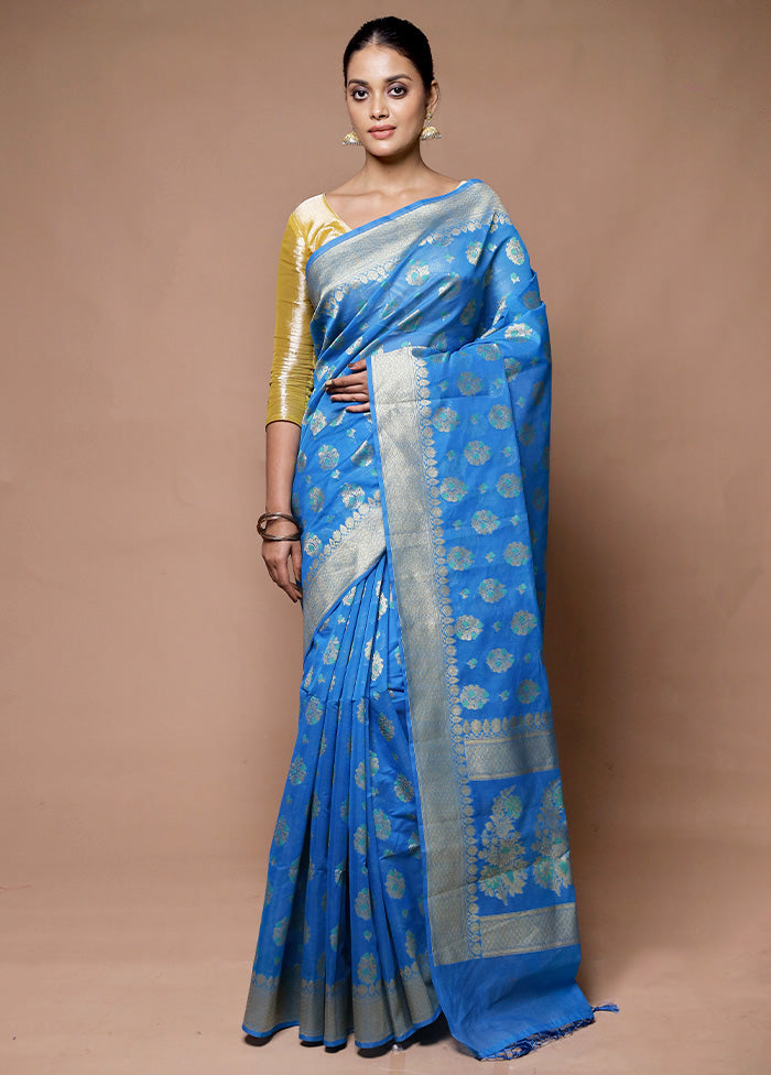 Blue Kora Silk Saree With Blouse Piece