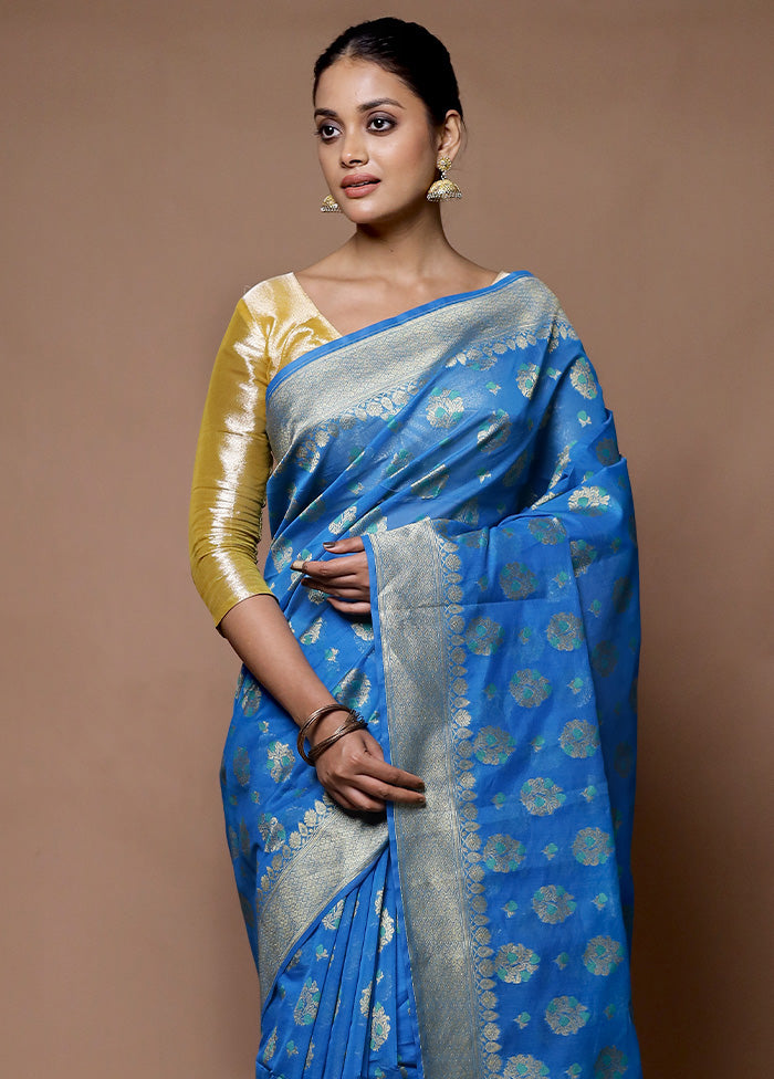 Blue Kora Silk Saree With Blouse Piece