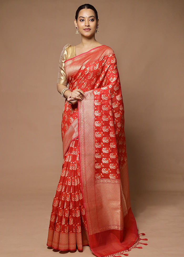 Red Kora Silk Saree With Blouse Piece