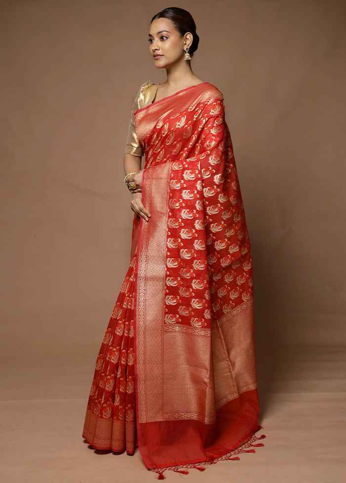 Red Kora Silk Saree With Blouse Piece