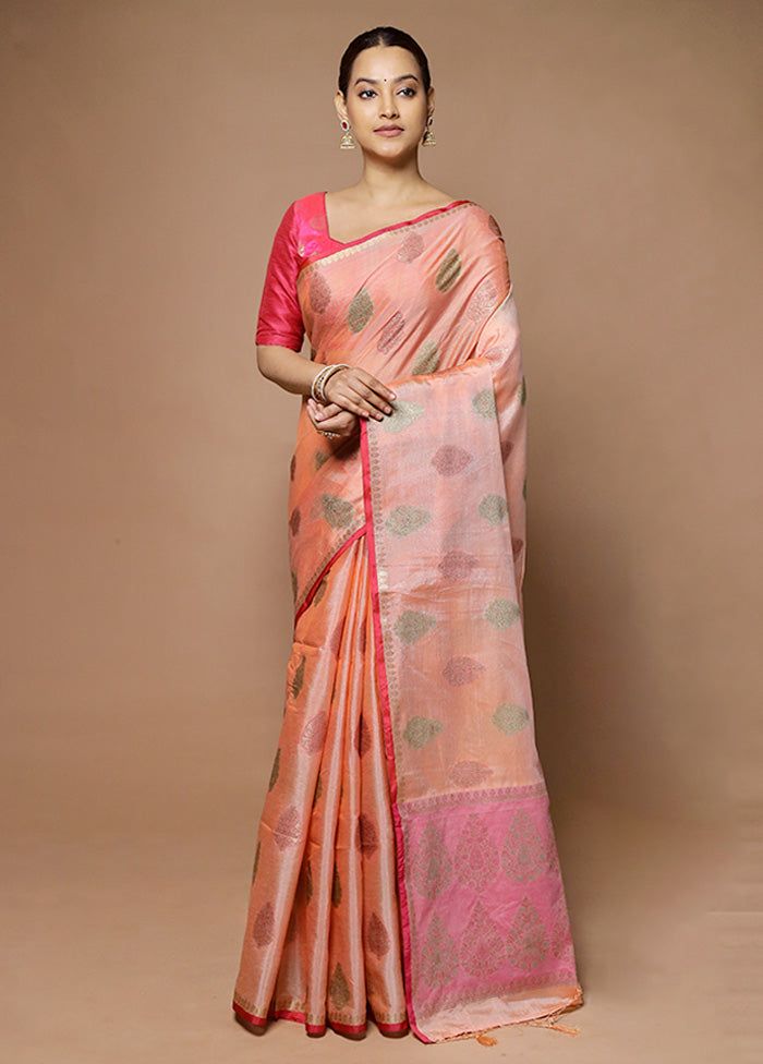 Peach Kora Silk Saree With Blouse Piece