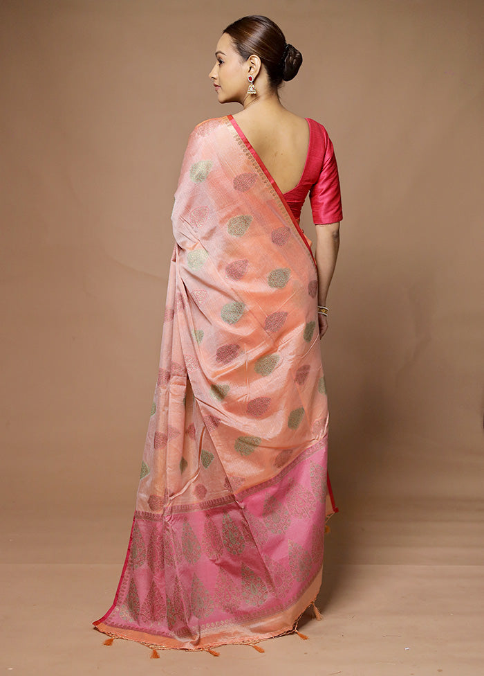 Peach Kora Silk Saree With Blouse Piece