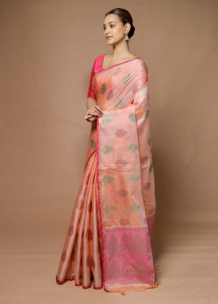 Peach Kora Silk Saree With Blouse Piece