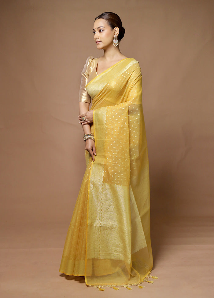 Yellow Kora Silk Saree With Blouse Piece