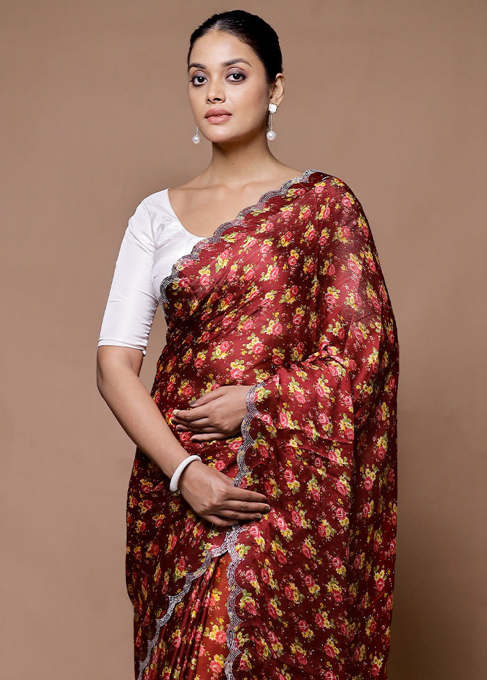 Maroon Chiffon Silk Saree With Blouse Piece