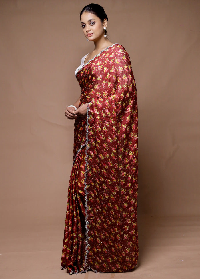 Maroon Chiffon Silk Saree With Blouse Piece