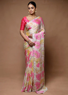 White Chiffon Silk Saree With Blouse Piece