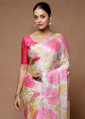 White Chiffon Silk Saree With Blouse Piece