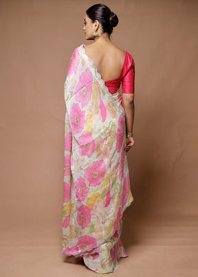 White Chiffon Silk Saree With Blouse Piece