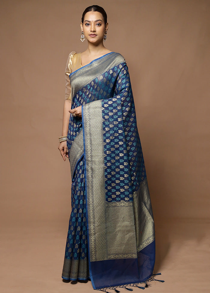 Blue Kora Silk Saree With Blouse Piece