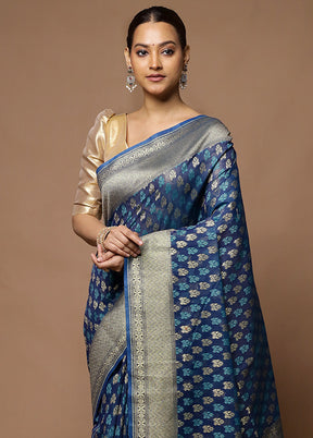 Blue Kora Silk Saree With Blouse Piece