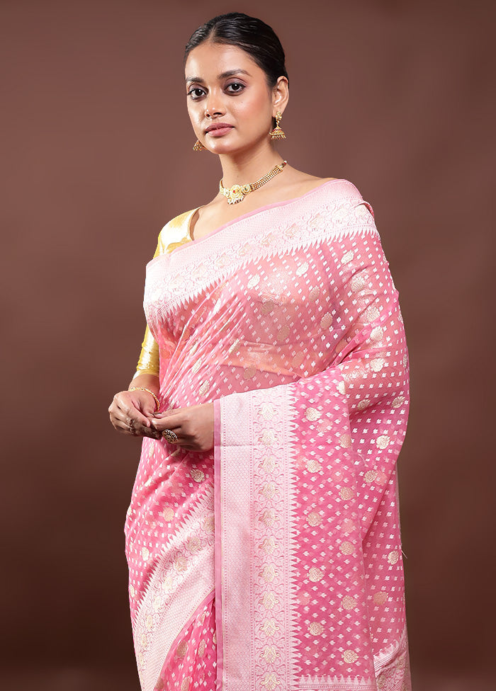 Pink Kora Silk Saree With Blouse Piece