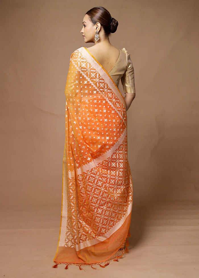 Orange Kora Silk Saree With Blouse Piece