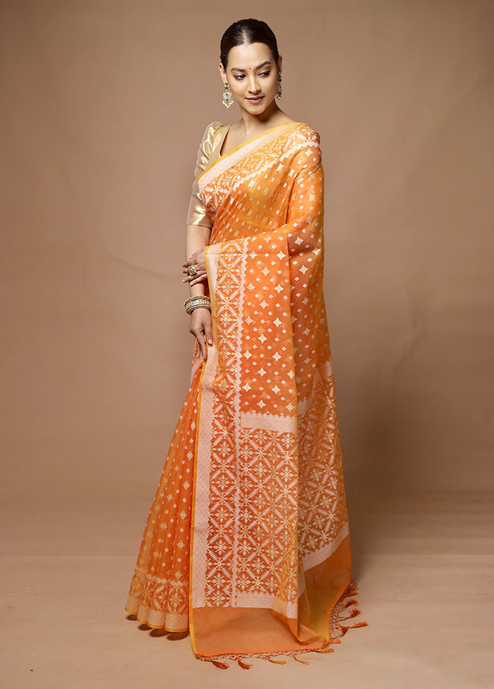 Orange Kora Silk Saree With Blouse Piece