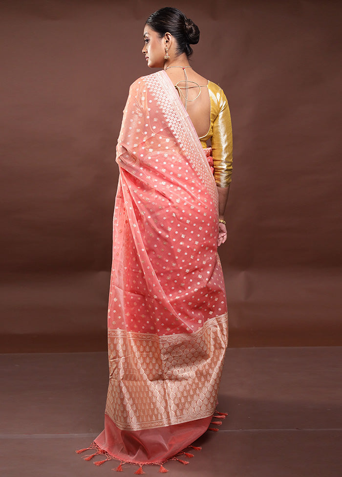 Peach Kora Silk Saree With Blouse Piece