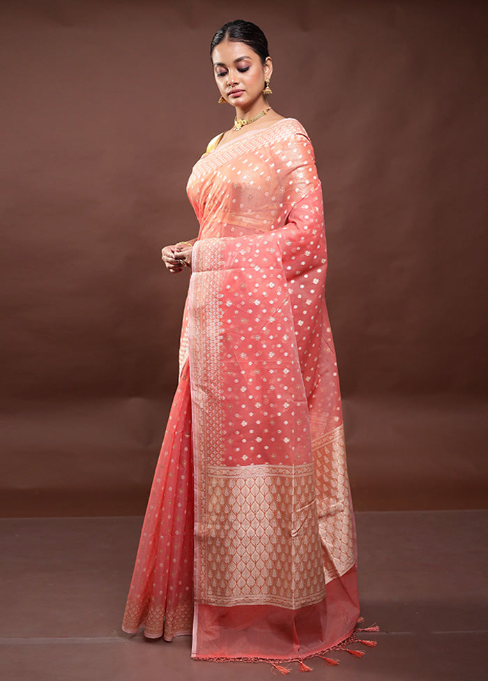 Peach Kora Silk Saree With Blouse Piece