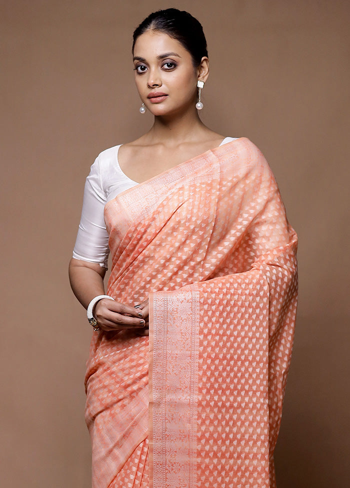 Peach Kora Silk Saree With Blouse Piece