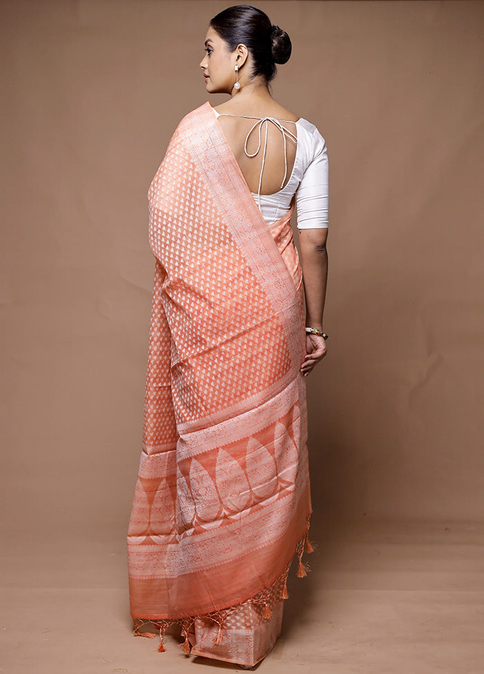 Peach Kora Silk Saree With Blouse Piece