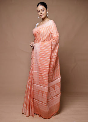 Peach Kora Silk Saree With Blouse Piece