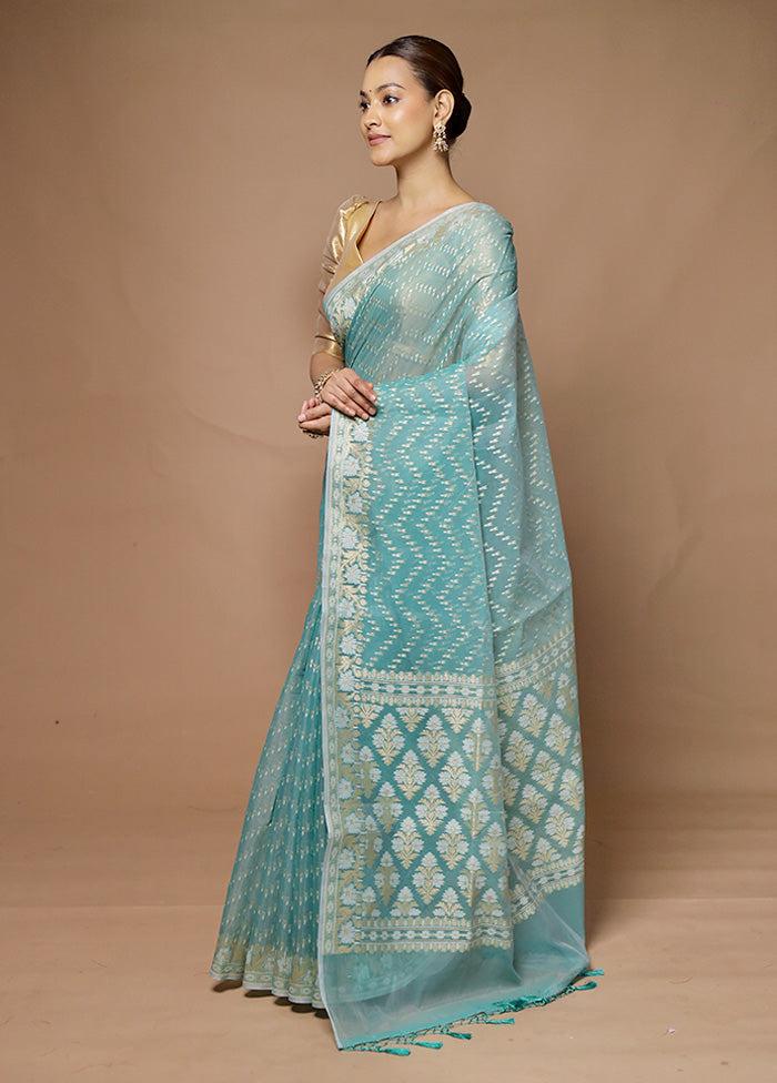 Blue Kora Silk Saree With Blouse Piece