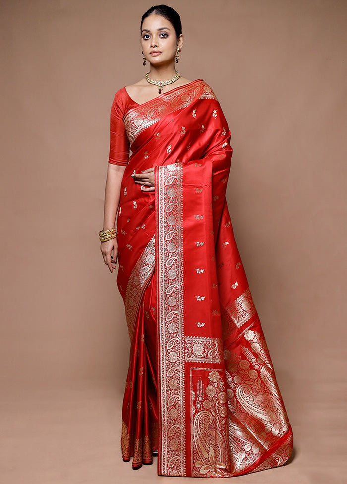 Red Banarasi Silk Saree With Blouse Piece