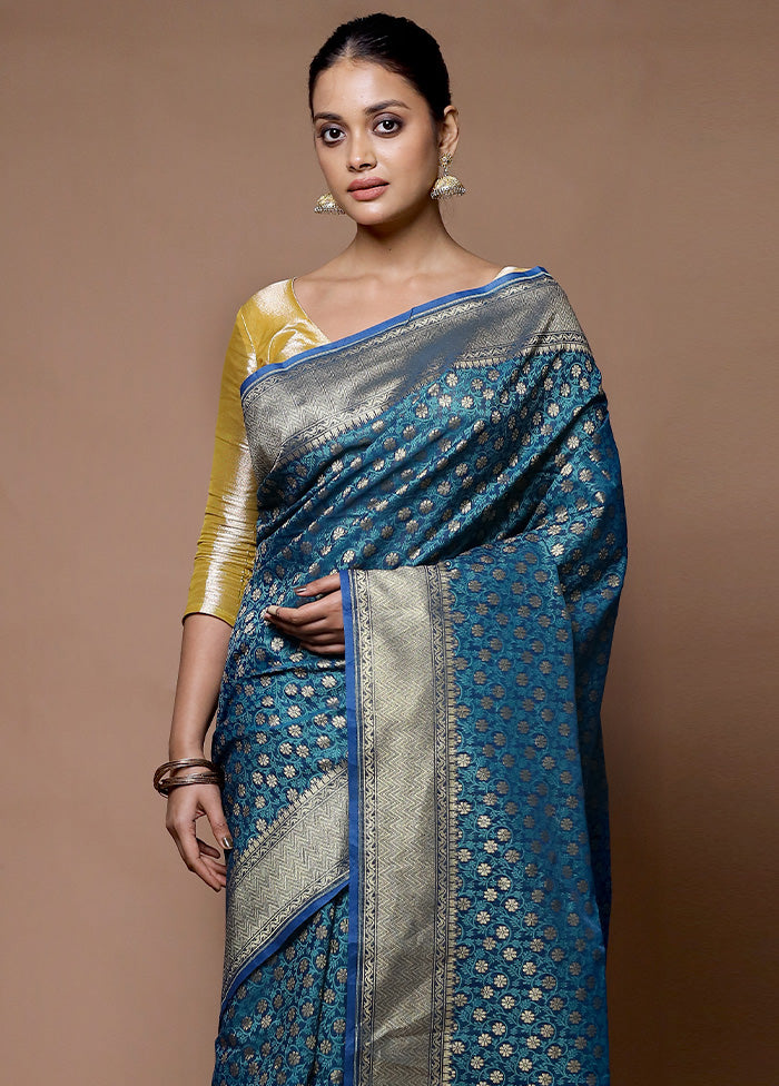 Blue Kora Silk Saree With Blouse Piece