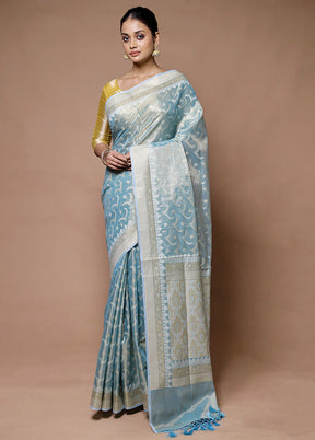 Blue Tissue Silk Saree With Blouse Piece