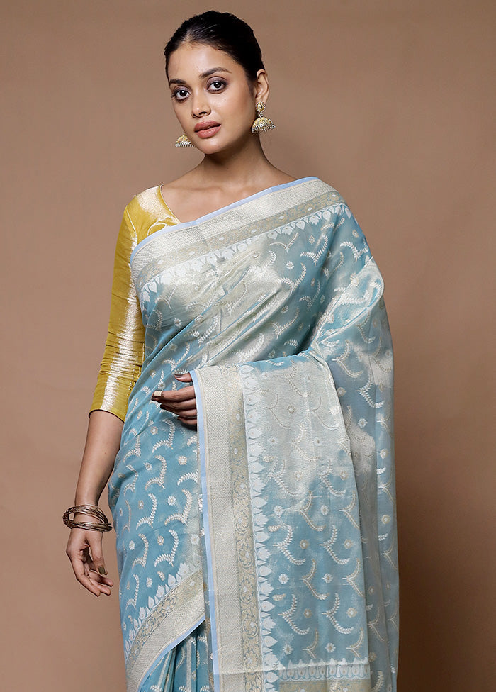 Blue Tissue Silk Saree With Blouse Piece