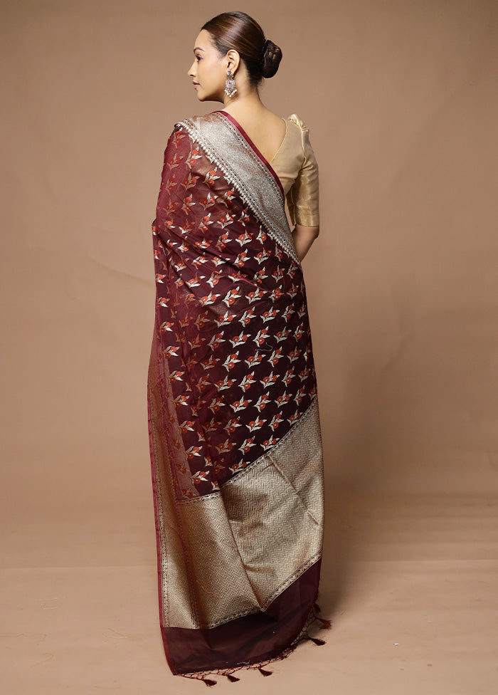 Wine Kora Silk Saree With Blouse Piece