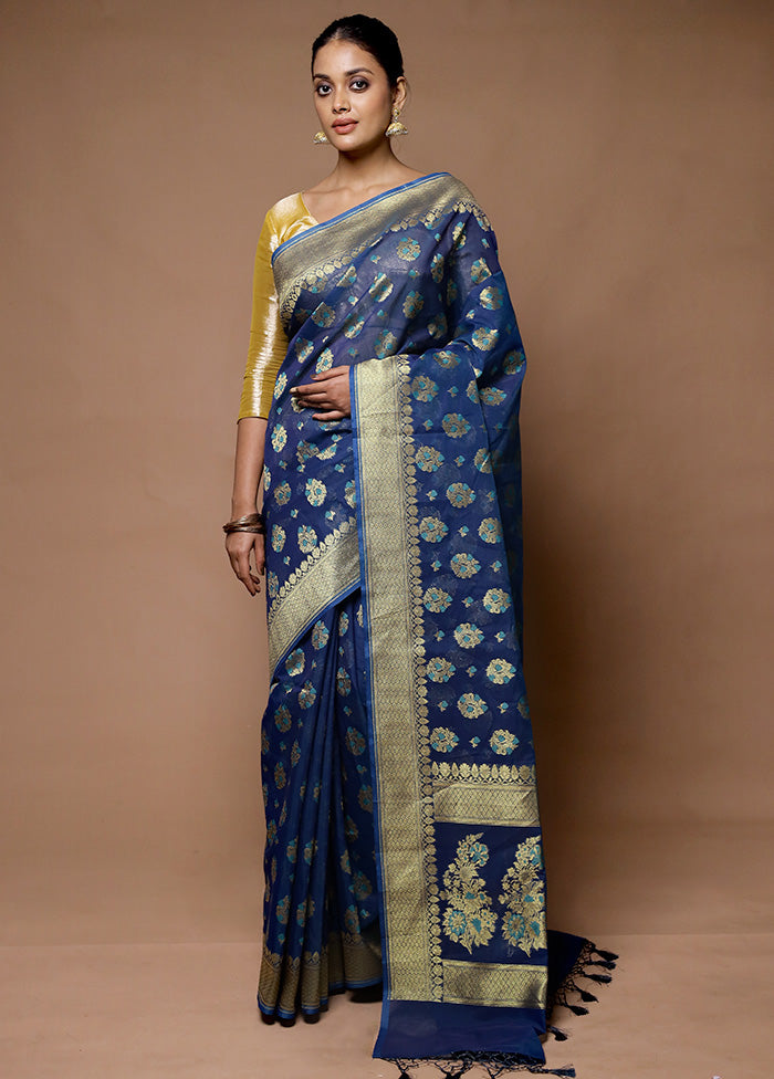 Blue Kora Silk Saree With Blouse Piece