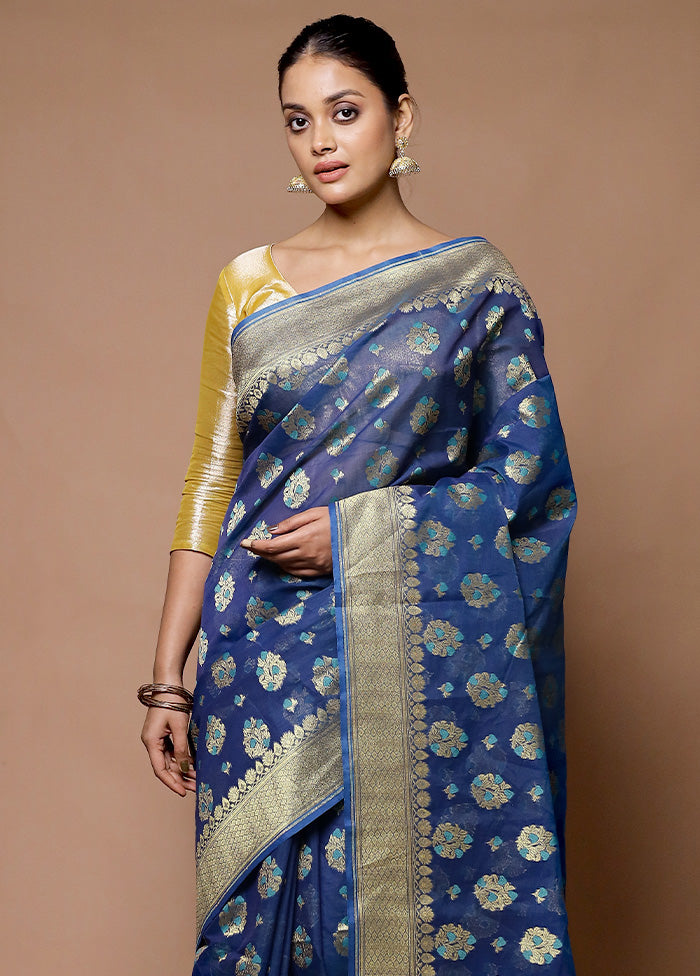 Blue Kora Silk Saree With Blouse Piece