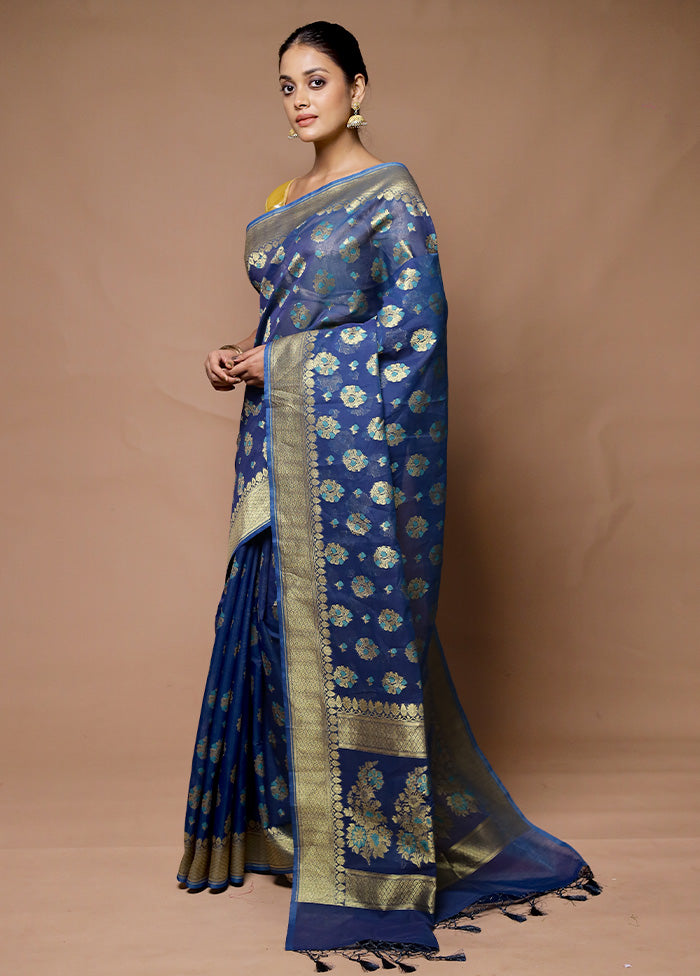 Blue Kora Silk Saree With Blouse Piece