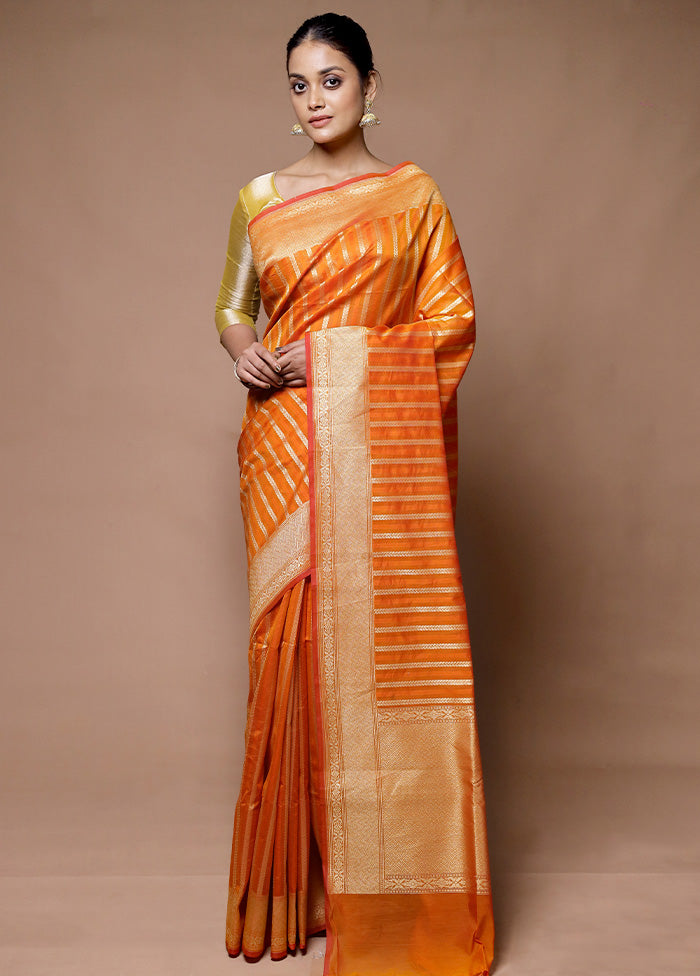 Orange Kora Silk Saree With Blouse Piece