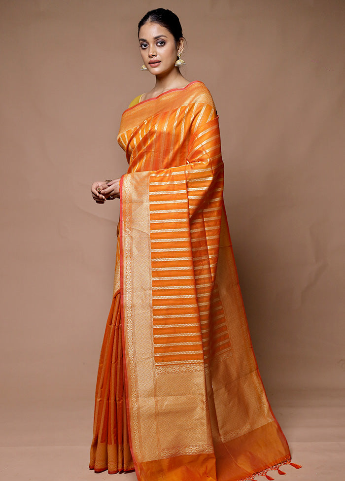 Orange Kora Silk Saree With Blouse Piece