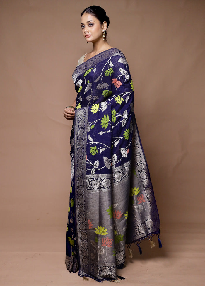 Blue Dupion Silk Saree With Blouse Piece