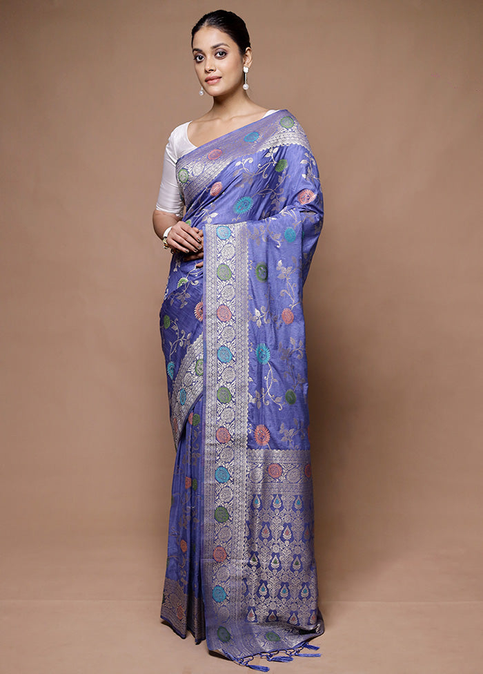 Blue Dupion Silk Saree With Blouse Piece