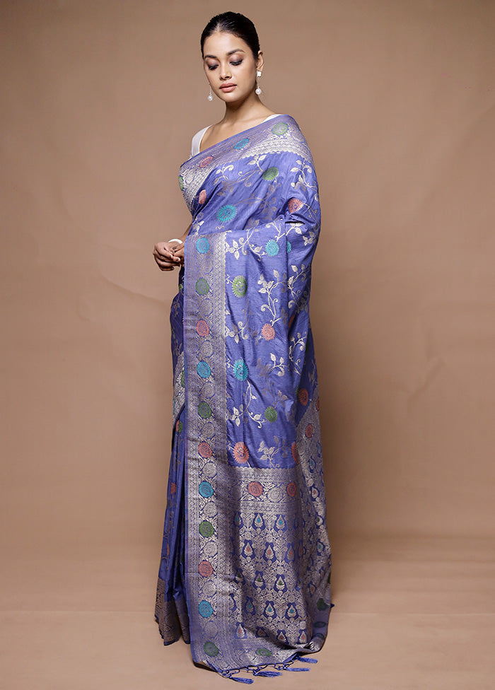 Blue Dupion Silk Saree With Blouse Piece