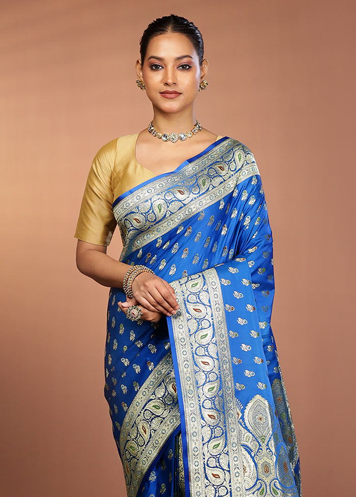 Blue Banarasi Silk Saree With Blouse Piece