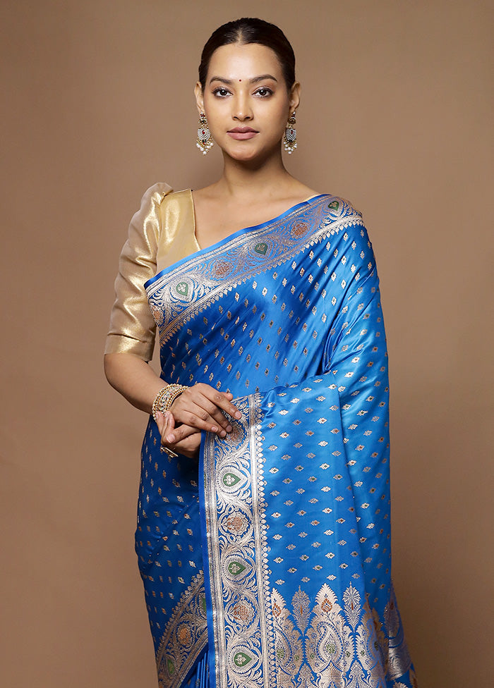 Blue Banarasi Silk Saree With Blouse Piece