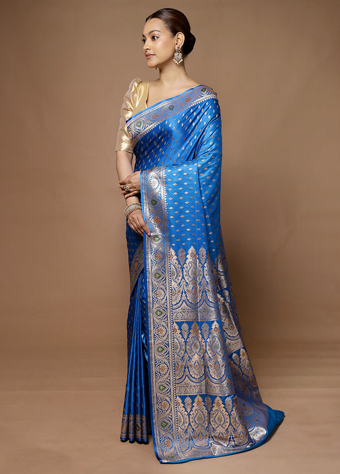 Blue Banarasi Silk Saree With Blouse Piece