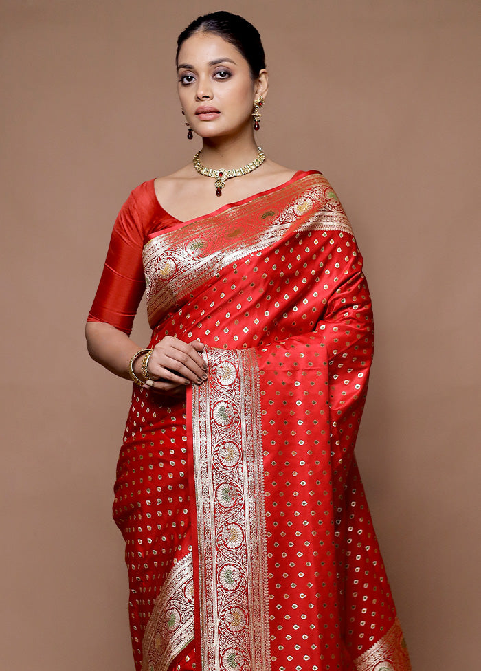 Red Banarasi Silk Saree With Blouse Piece